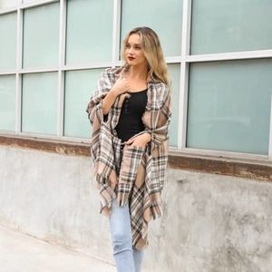 Beige Classic Plaid Pocket Ruana Shawl Wrap